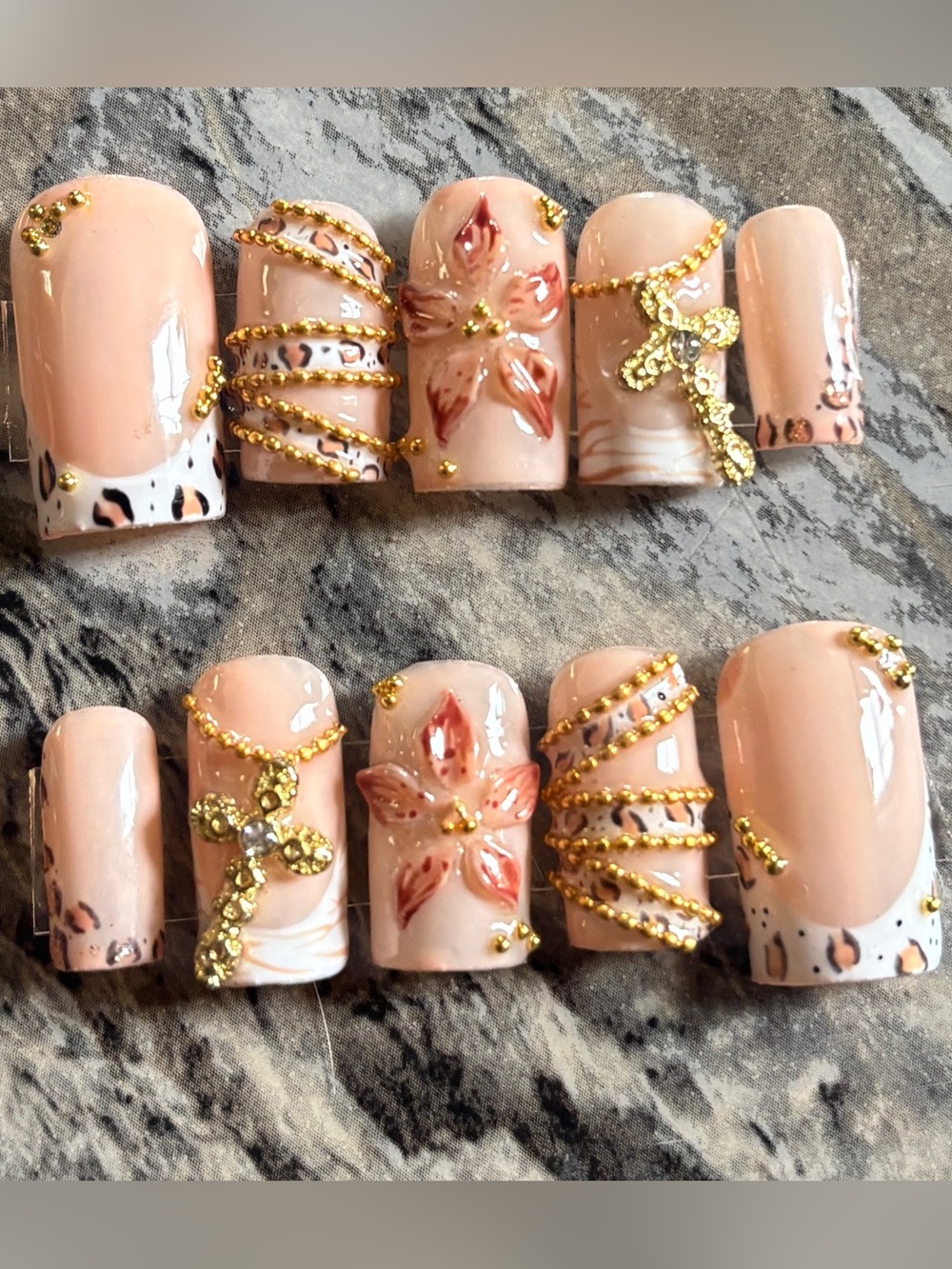 Peach Floral & Gold Accent Press-On Nails - Women Makeup
